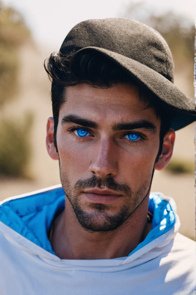 white man with black hair and blue eyes 