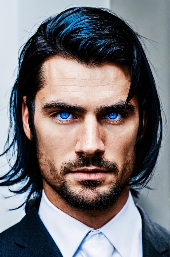 white man with black hair and blue eyes 