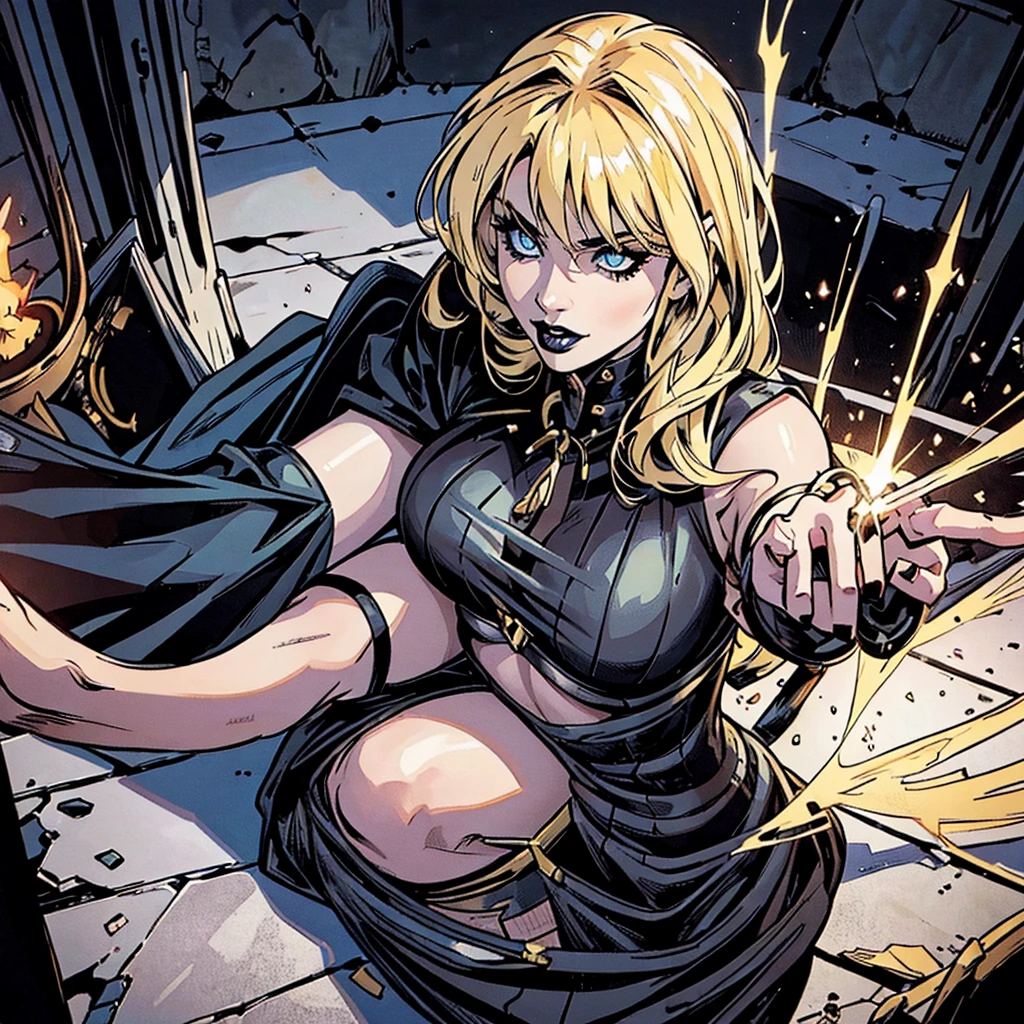 I want you to create a comic theme style illustration of a new character. She is a witch who possesses magical powers from the underworld, allowing her to summon the dead. She practices black magic and will be represented as a goddess from Greek mythology. Her appearance includes a black dress, similar to a Greek goddess's tunic.
Her hair is long, blond with some black highlights, and her eyes are a very light blue. Her lips are painted with black lipstick, and her fingertips are dark, as if they were necrotic.