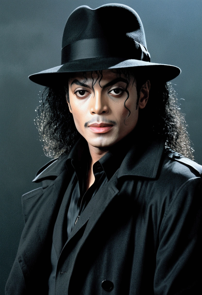 Michael Jackson in a black fedora and black trench coat, noir, dark cthulhu, 80s photo 