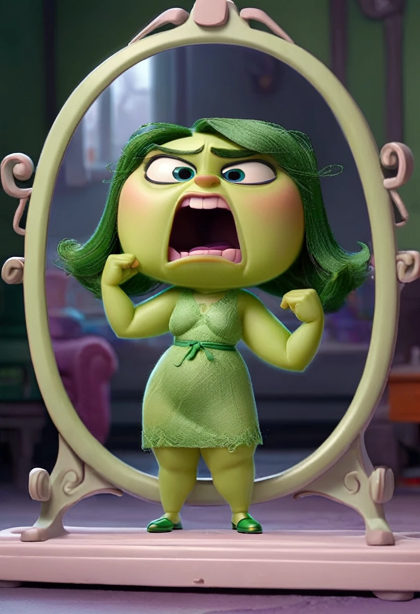 Disgust inside out, Green skin, culona, big thighs, small waist, gesture of disgust, posing his body in the mirror, thin