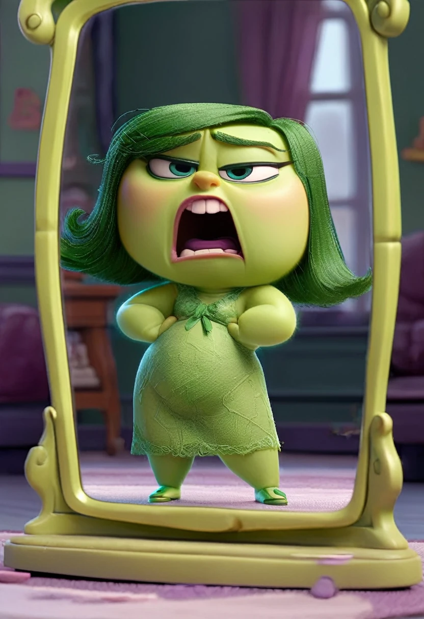 Disgust inside out, Green skin, culona, big thighs, small waist, gesture of disgust, posing his body in the mirror, thin