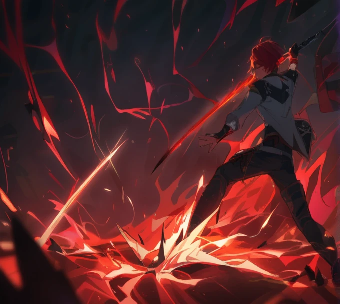 A young man, red hair, with a flaming sword.