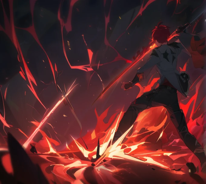 A young man, red hair, with a flaming sword.