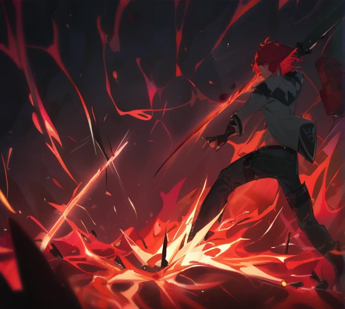 A young man, red hair, with a flaming sword.