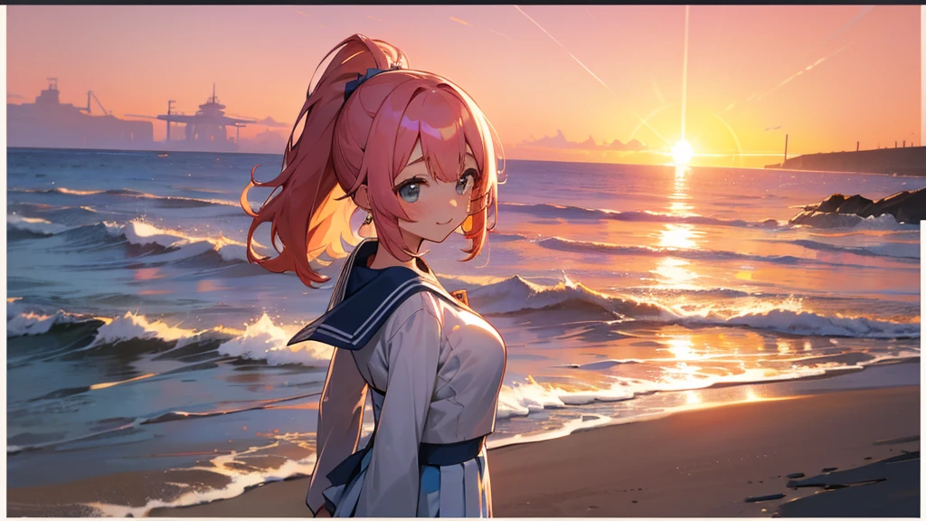 Highest quality、High resolution、Detailed Background、(Beautiful face in every detail:1.5)、Teenage Girl、(Huge breasts:1.2)、Light-colored hair、cute髪型、Bobcut、ponytail、well-groomed eyebrows、Perfect body line、cute仕草、Navy blue sailor suit、White sailor collar、Pleated mini skirt、cuteスクールカーディガン、White Stockings、A big smile、smile、

(A coastline dyed in the sunset and five girls looking back from the beach:1.5)、

Spend some time at the beach watching the sunset、Feel the end of summer as you feel the sea breeze and the sound of the waves.、Before the sun sets, the sky takes on a sunset-like appearance.、At first, bright orange and pink gradually painted the sky.々It will turn reddish.、As the sun sets, the colors become more vibrant and the surrounding scenery is beautifully colored.、
Place the main motif in the center、Leave space on both sides、Add color contrast、Bright center and soft sides、Pay attention to the movement of the lines、A deep composition、Leave some headroom、cute