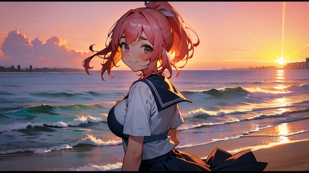 Highest quality、High resolution、Detailed Background、(Beautiful face in every detail:1.5)、Teenage Girl、(Huge breasts:1.2)、Light-colored hair、cute髪型、Bobcut、ponytail、well-groomed eyebrows、Perfect body line、cute仕草、Navy blue sailor suit、White sailor collar、Pleated mini skirt、cuteスクールカーディガン、White Stockings、A big smile、smile、
(A coastline dyed in the sunset and five girls looking back from the beach:1.5)、
Spend some time at the beach watching the sunset、Feel the end of summer as you feel the sea breeze and the sound of the waves.、Before the sun sets, the sky takes on a sunset-like appearance.、At first, bright orange and pink gradually painted the sky.々It will turn reddish.、As the sun sets, the colors become more vibrant and the surrounding scenery is beautifully colored.、
Place the main motif in the center、Leave space on both sides、Add color contrast、Bright center and soft sides、Pay attention to the movement of the lines、A deep composition、Leave some headroom、cute