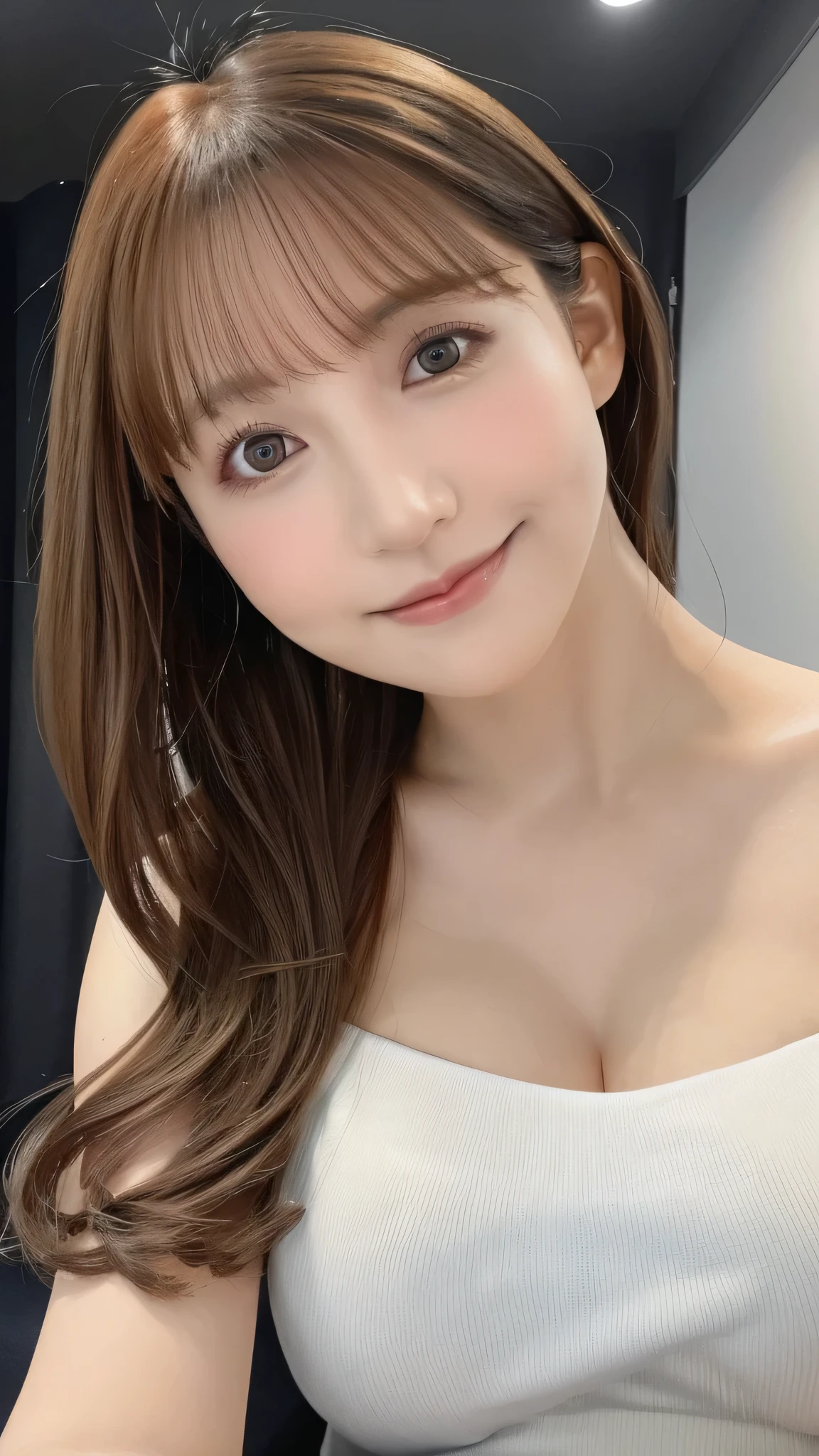 19-year-old girl,  RAW Photos, Highest quality, Realistic, Very delicate and beautiful, Very detailed, 8k wallpaper, High resolution, Soft Light, Full Body Shot、Very detailed目と顔, Beautiful and detailed nose, Fine and beautiful eyes, Cinema Lighting, City Background, Perfect Anatomy, Slender body, Shapely breasts, Straight hair, smile, Asymmetrical bangs, Light brown hair、Yua Mikami、