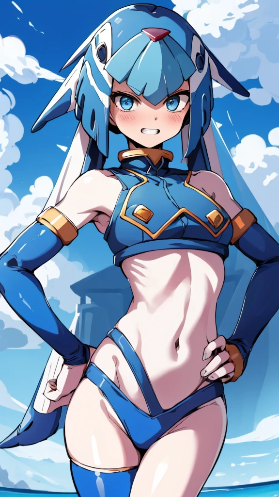 Leviathan_Megamanz, 1 Girl ,Looking at the viewer , blue hair, Blue eyes,Clouds background , Blushed, Wedding ring, Glasses ,Shark teeth, showing teeth