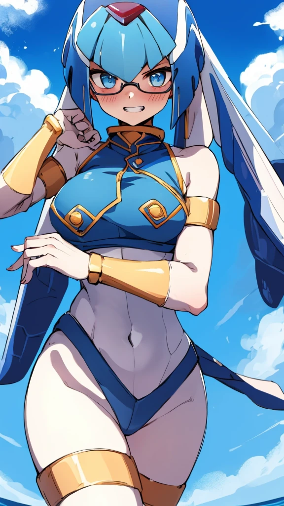 Leviathan_Megamanz, 1 Girl ,Looking at the viewer , blue hair, Blue eyes,Clouds background , Blushed, Wedding ring, Glasses ,Shark teeth, showing teeth