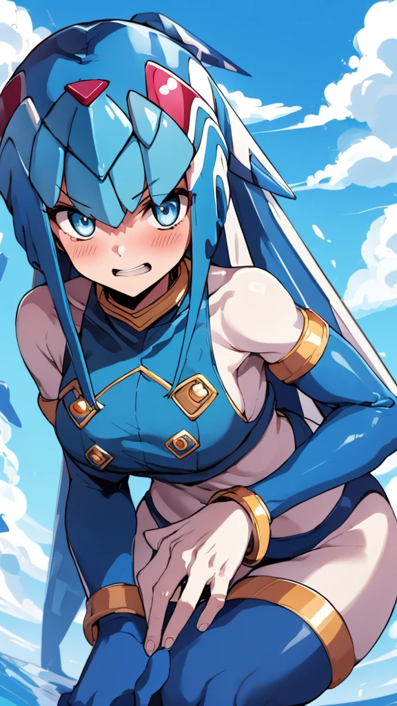 Leviathan_Megamanz, 1 Girl ,Looking at the viewer , blue hair, Blue eyes,Clouds background , Blushed, Wedding ring, Glasses ,Shark teeth, showing teeth 