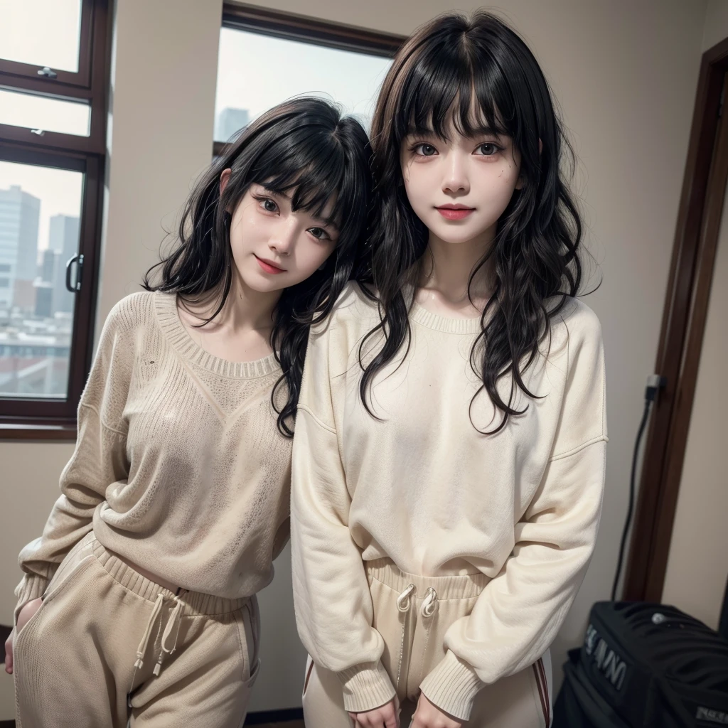 ((best qualityer)), ((work of art)), (detailded),((1girl)), 18-years old, ((porcelain cut white skin)),black eyes,(black wavy hair with bangs:1.5),black cat ear ,((flushed skin)),,(Alone), (a detailed full-body RAW photo of a girl), (Artwork: 1), (best quality: 1.4), (Ultra high resolution: 1.2), (photorealistic: 1.4), 8k resolution, Canon EOS R5, 50mm, Absurd, ultra detailed, sharp focus, cinematic lighting, Detailed Beautiful Face, (invent: 1.2), (ulzzang-6500-v1.1), detailed skin texture, pale skin, round chest, (beige sweater: 1.3), tight slit,smiling, (sweatpants: 1.4),looking through the living room glass window, realistically glowing skin, ( red cap 1.5), (sweat: 1.5), slim waist, (seductive smile),((Alone)), in the room , soft facial features --self --s2