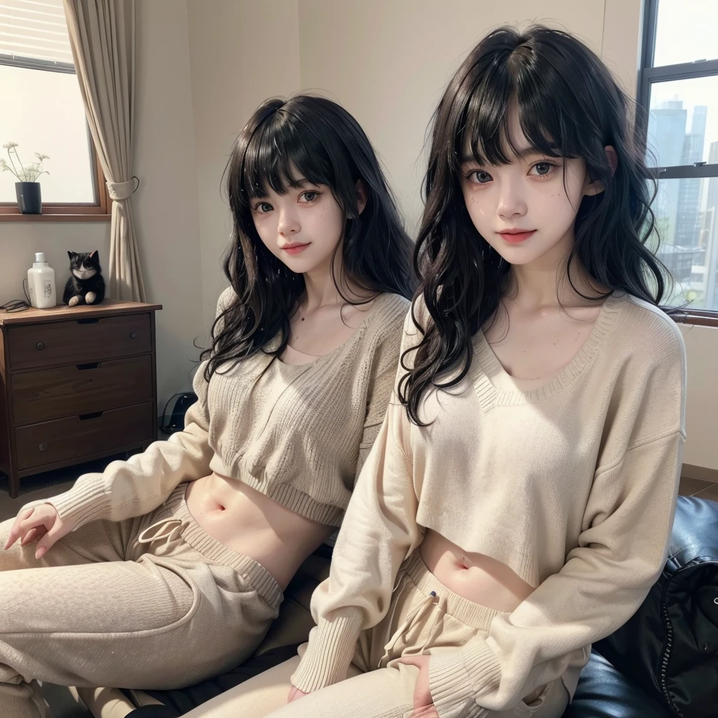 ((best qualityer)), ((work of art)), (detailded),((1girl)), 18-years old, ((porcelain cut white skin)),black eyes,(black wavy hair with bangs:1.5),black cat ear ,((flushed skin)),,(Alone), (a detailed full-body RAW photo of a girl), (Artwork: 1), (best quality: 1.4), (Ultra high resolution: 1.2), (photorealistic: 1.4), 8k resolution, Canon EOS R5, 50mm, Absurd, ultra detailed, sharp focus, cinematic lighting, Detailed Beautiful Face, (invent: 1.2), (ulzzang-6500-v1.1), detailed skin texture, pale skin, round chest, (beige sweater: 1.3), tight slit,smiling, (sweatpants: 1.4),looking through the living room glass window, realistically glowing skin, ( red cap 1.5), (sweat: 1.5), slim waist, (seductive smile),((Alone)), in the room , soft facial features --self --s2