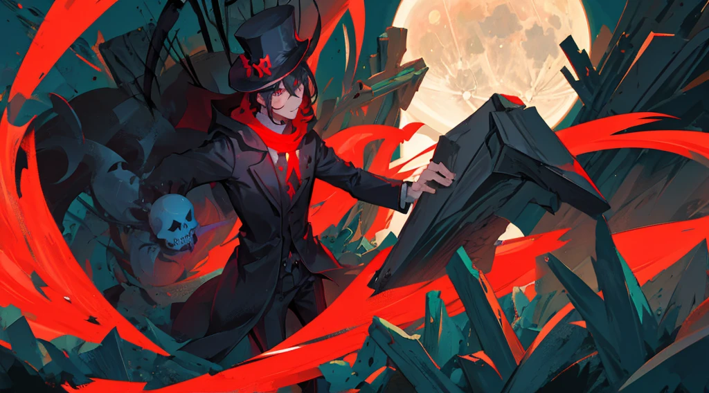 game character, drawing style, skeletor, Black and red cover, top hats, sickle, dark cemetery scene, full moon, neon
