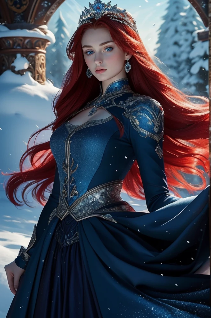 16 year old Sophie Turner, ultra detailed face, ultra detailed blue eyes, long red hair, (dress, long skirt), diamond tiara, winter, (((masterpiece)))