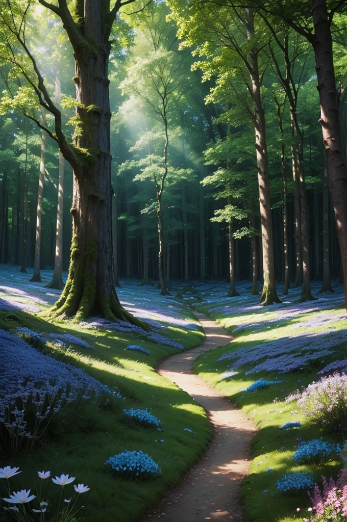 A magical forest, blue particles everywhere floating, flowers on the ground shining with magical light, huge trees around, little sunlight, dark surroundings, magical world, fancy, ancient circle of stones, covered in moss and surrounded by wildflowers.