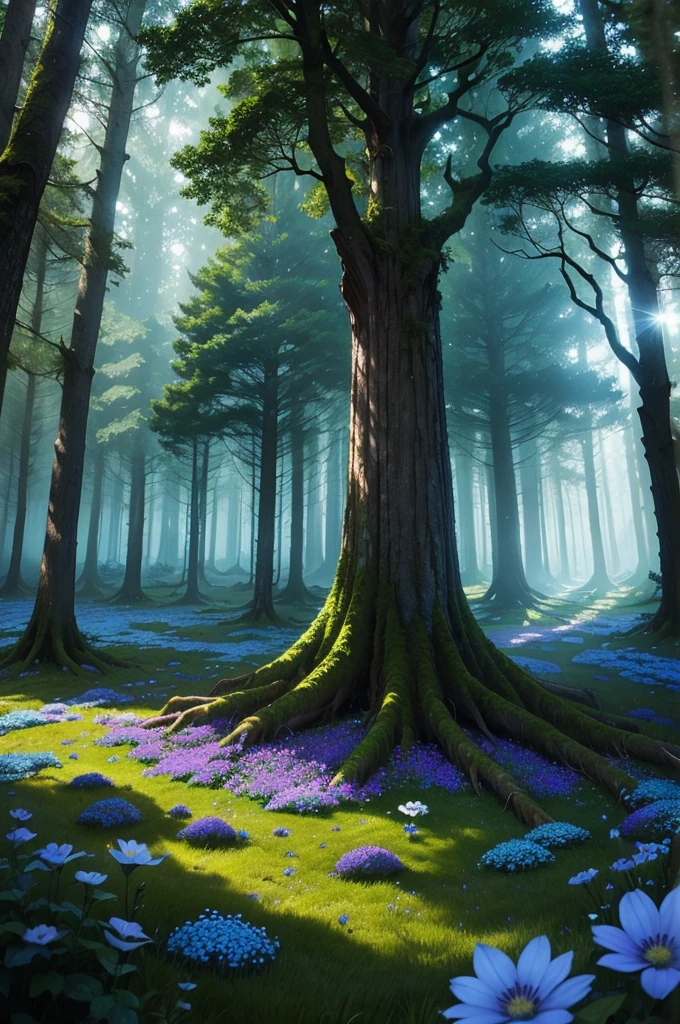 A magical forest, blue particles everywhere floating, flowers on the ground shining with magical light, huge trees around, little sunlight, dark surroundings, magical world, fancy, ancient circle of stones, covered in moss and surrounded by wildflowers.