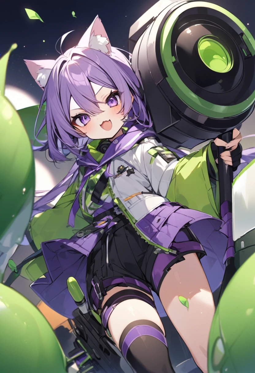 Keito。purple eye。purple Hair。green rocket launcher。cat ears。