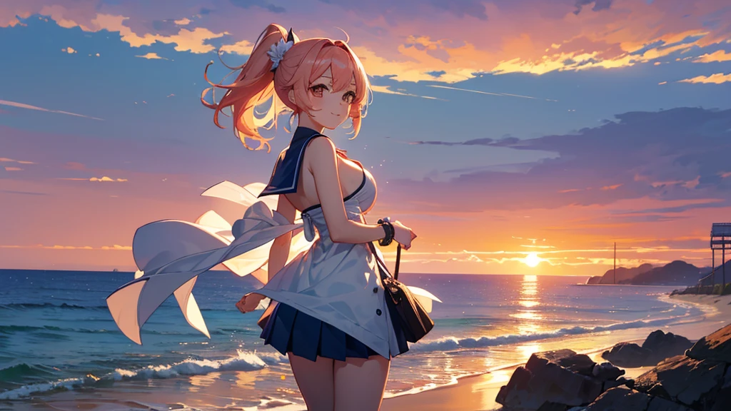 Highest quality、High resolution、Detailed Background、(Beautiful face in every detail:1.5)、age Girl、(Huge breasts:1.2)、Light-colored hair、cute髪型、Bobcut、ponytail、well-groomed eyebrows、Perfect body line、cute仕草、Navy blue sailor suit、White sailor collar、Pleated mini skirt、cuteスクールカーディガン、White Stockings、A big smile、smile、
(A coastline dyed in the sunset and five girls looking back from the beach:1.5)、
Spend some time at the beach watching the sunset、Feel the end of summer as you feel the sea breeze and the sound of the waves.、Before the sun sets, the sky takes on a sunset-like appearance.、At first, bright orange and pink gradually painted the sky.々It will turn reddish.、As the sun sets, the colors become more vibrant and the surrounding scenery is beautifully colored.、
Place the main motif in the center、Leave space on both sides、Add color contrast、Bright center and soft sides、Pay attention to the movement of the lines、A deep composition、Leave some headroom、cute