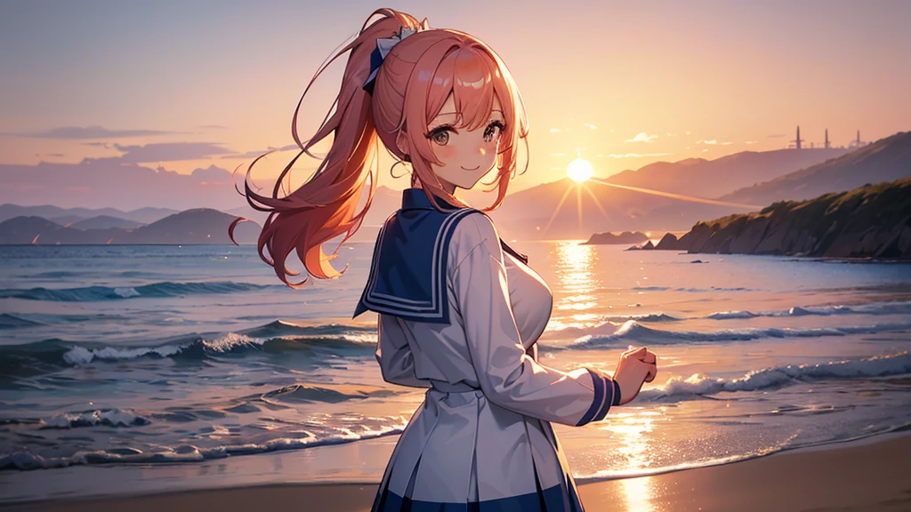 Highest quality、High resolution、Detailed Background、(Beautiful face in every detail:1.5)、Teenage Girl、(Huge breasts:1.2)、Light-colored hair、cute髪型、Bobcut、ponytail、well-groomed eyebrows、Perfect body line、cute仕草、Navy blue sailor suit、White sailor collar、Pleated mini skirt、cuteスクールカーディガン、White Stockings、A big smile、smile、
(A coastline dyed in the sunset and five girls looking back from the beach:1.5)、
Spend some time at the beach watching the sunset、Feel the end of summer as you feel the sea breeze and the sound of the waves.、Before the sun sets, the sky takes on a sunset-like appearance.、At first, bright orange and pink gradually painted the sky.々It will turn reddish.、As the sun sets, the colors become more vibrant and the surrounding scenery is beautifully colored.、
Place the main motif in the center、Leave space on both sides、Add color contrast、Bright center and soft sides、Pay attention to the movement of the lines、A deep composition、Leave some headroom、cute