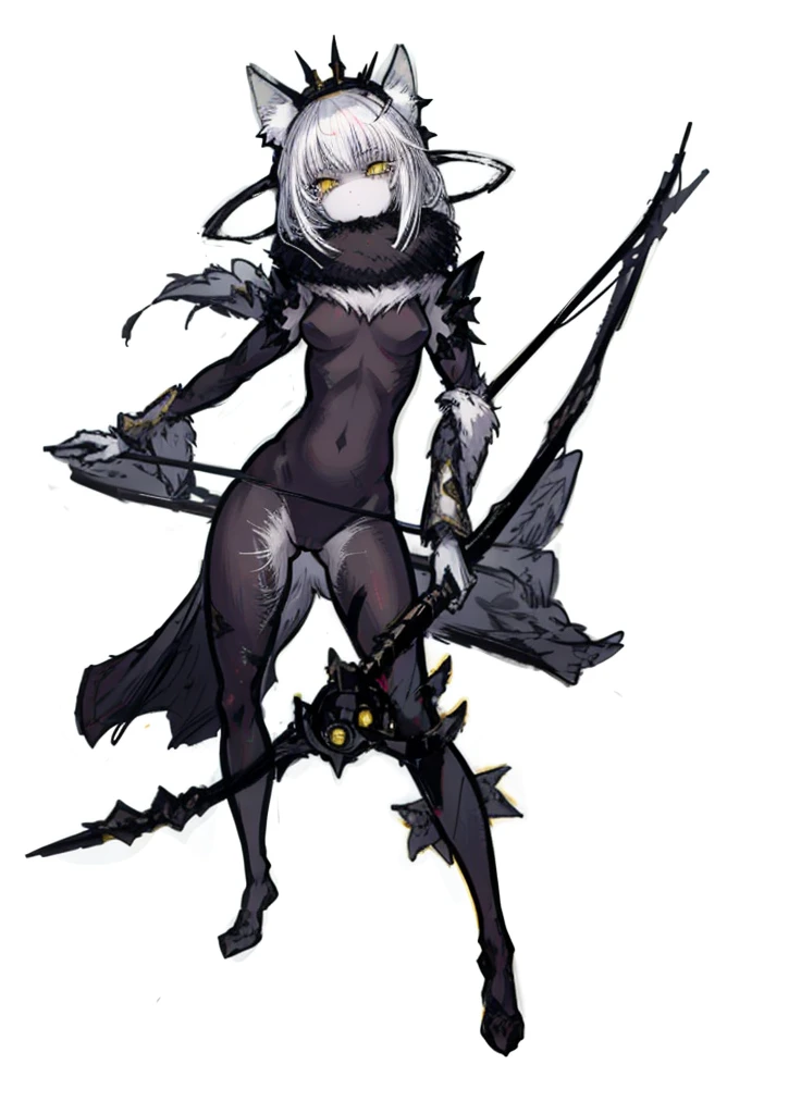 1girl ,white hair, yellow eyes, pale fur beast, fox ears, polar, nice clothes,archer, (high resolution, high detail, best quality), sad, small ???????