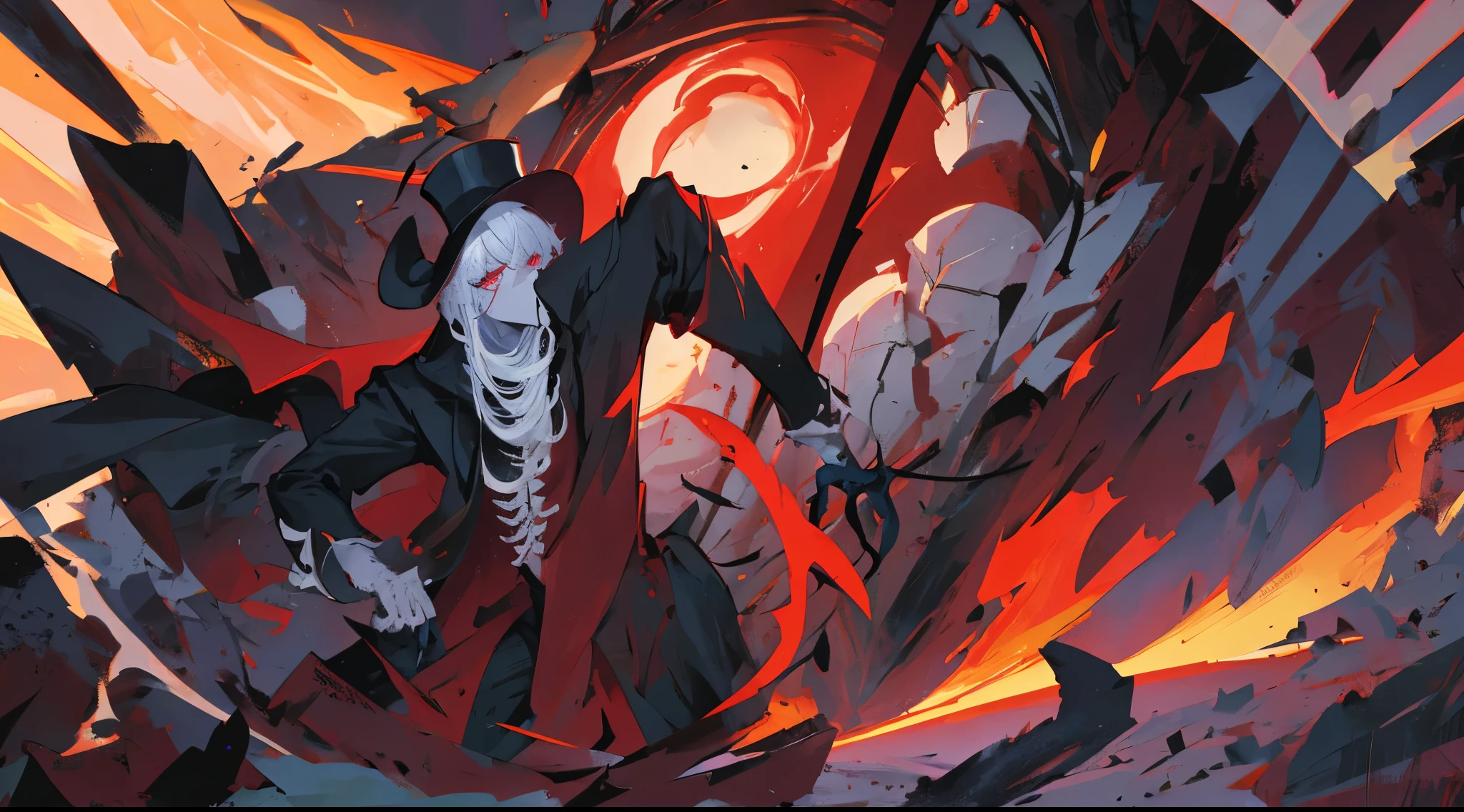 game character, drawing style, skeletor, Black and red cover, top hats, sickle, dark cemetery scene, full moon, neon