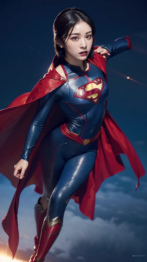 Woman wearing detailed SuperMan costume with full sleeves covering the entire body, short black hair, serious face, (flying in sky), vivid colors, dramatic lighting, red cape, cinematic costume, carbon fiber detailed suit,