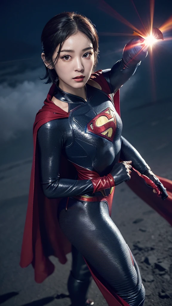 Woman wearing detailed SuperMan costume with full sleeves covering the entire body, short black hair, serious face, (flying in sky), vivid colors, dramatic lighting, red cape, cinematic costume, carbon fiber detailed suit,