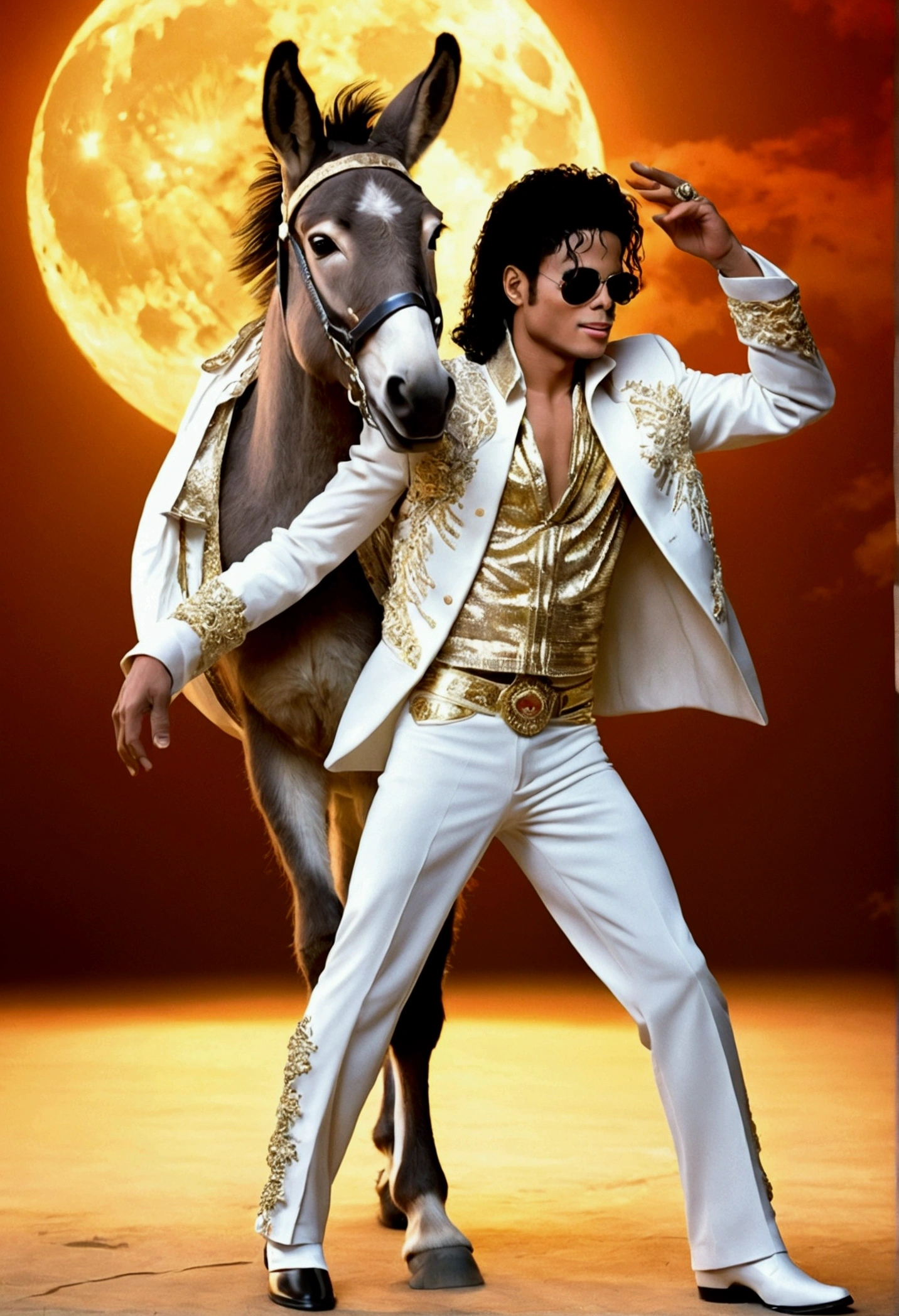 Michael Jackson, with donkey's head, com cabelo cacheados, with Moonwalker dancing outfit