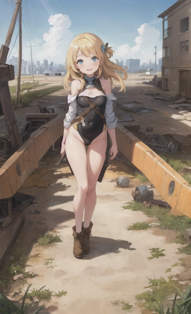best quality, sunshine, detailed background,extremely detailed,body ratio, girl, cute, blonde hair, ruined city