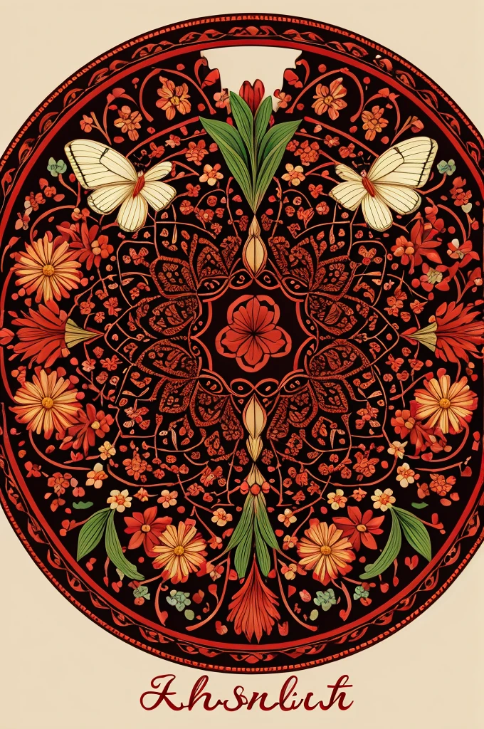 Draw an oval-shaped logo with butterflies and flowers around it in red and in the center place the word “Ashanti”