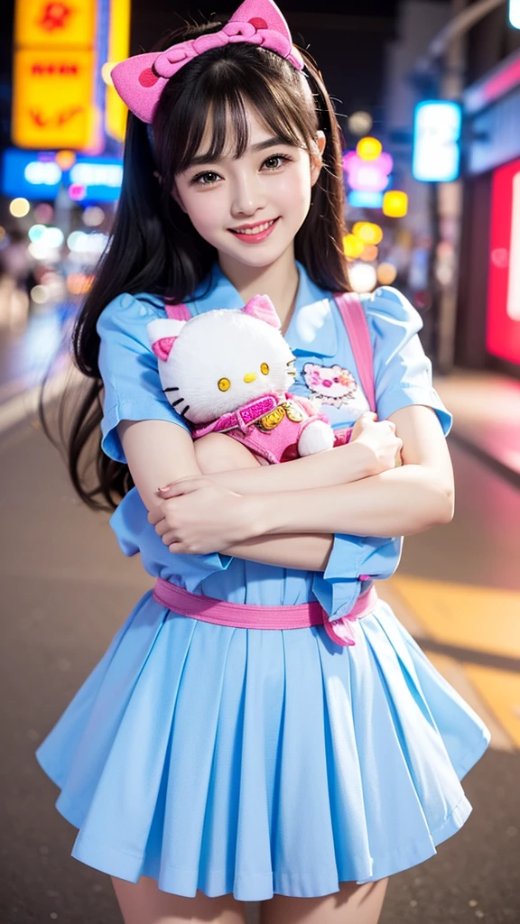 Best Quality, 4K Wallpaper, Masterpiece, Extremely detailed CG unity 8k wallpaper, Extremely detailed eyes, ultra detailed, intricate details,
1 girl, (postcard h1c4tt3ch), hugging hello kitty doll, happy neon city, SMILE, hello kitty, adorable, beautiful, dynamic pose