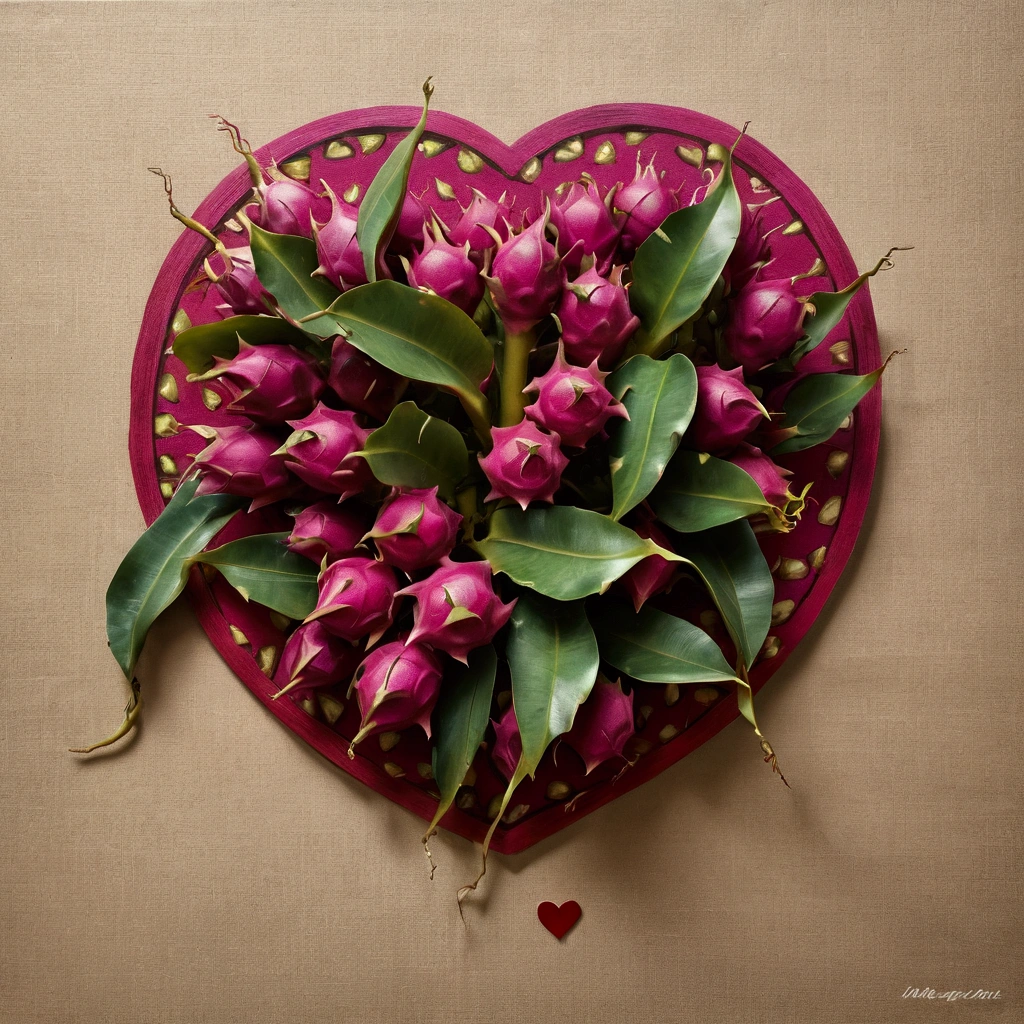 Canvas drawing of Dragon fruit plant with heart-shaped fruits