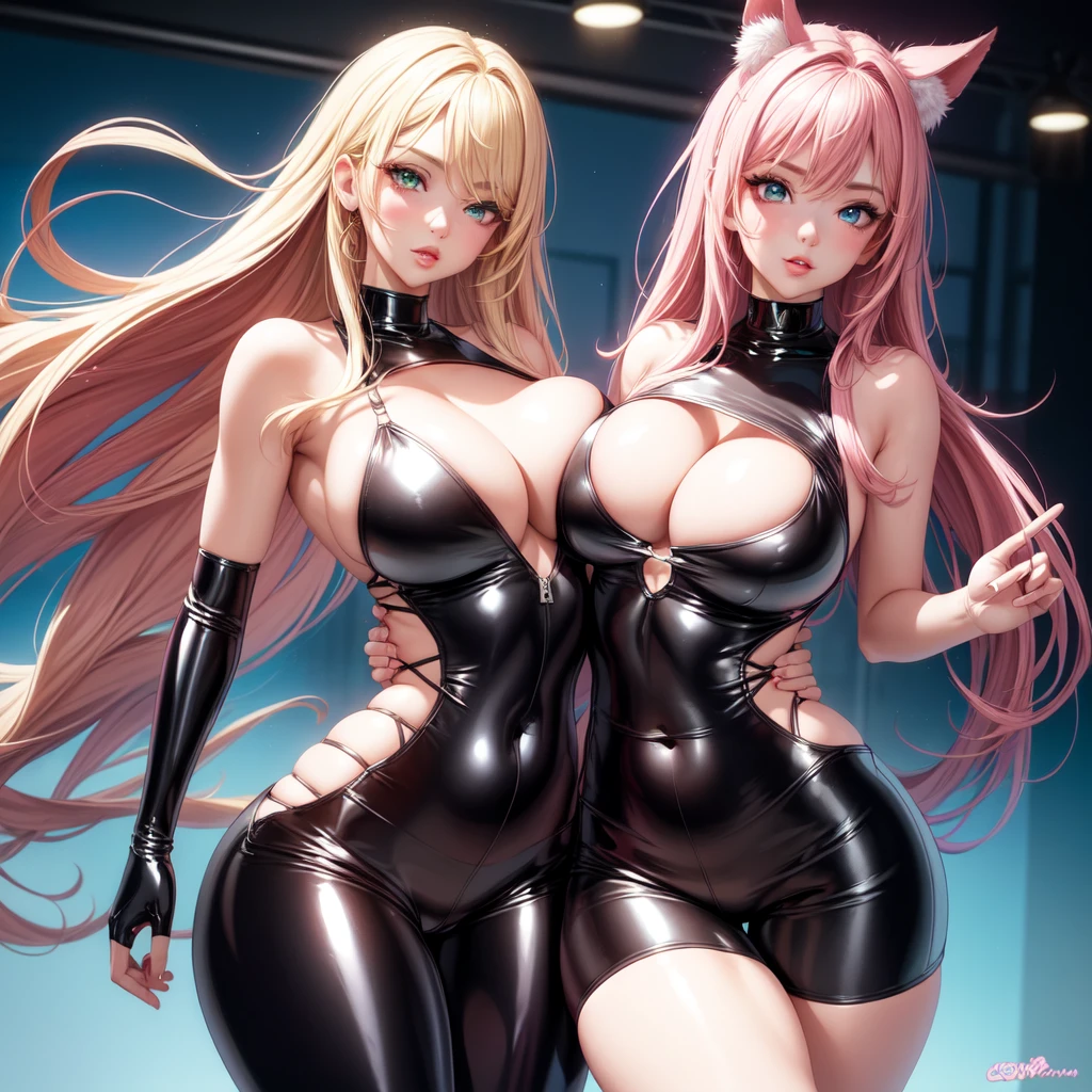 ((2 girls), solo, clevage, Big round perky breasts, lots of clevage, trendy, stylish, clevage, thighs, hips, realistic, pink hair, blonde hair, light green eyes, lip gloss, detailed face, amazing big eyes, eye details, big lips, eyebrow details, blush, naughty, mischevious face, HD, good quality, latex shorts clevage
