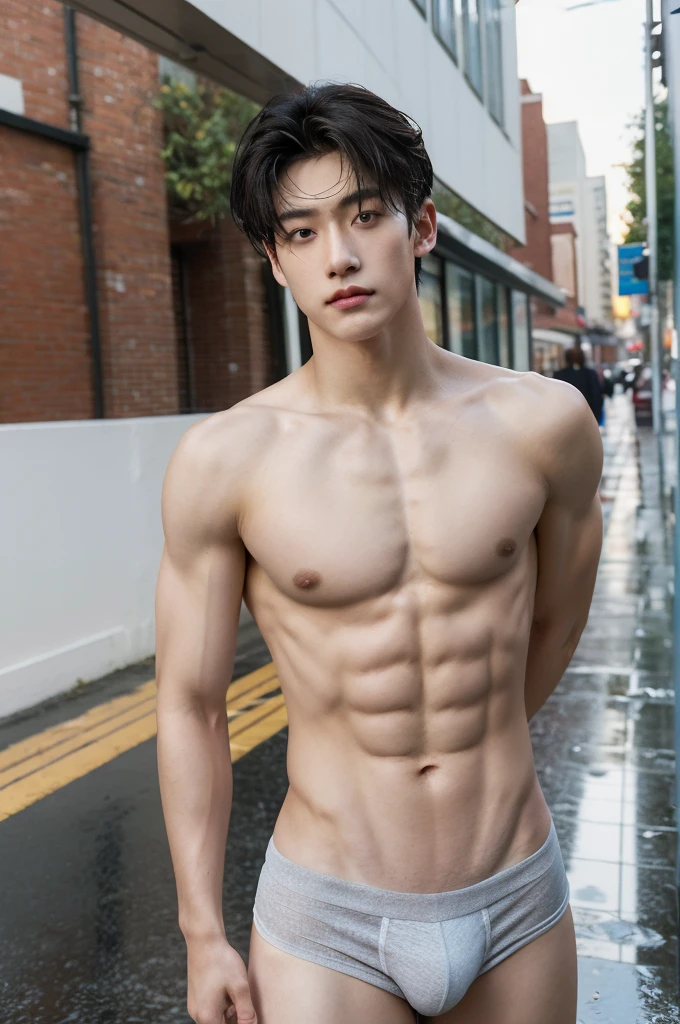Eine hyperrealistische, 20 year old boy, dark hair, Dark eyebrows, show abs, topless , shirtless, Athletic Body, Bang Hair, Serious male, thoughtful, observer, wearing white thong, jockstrap, sunlight, wet, rain, on the Street,