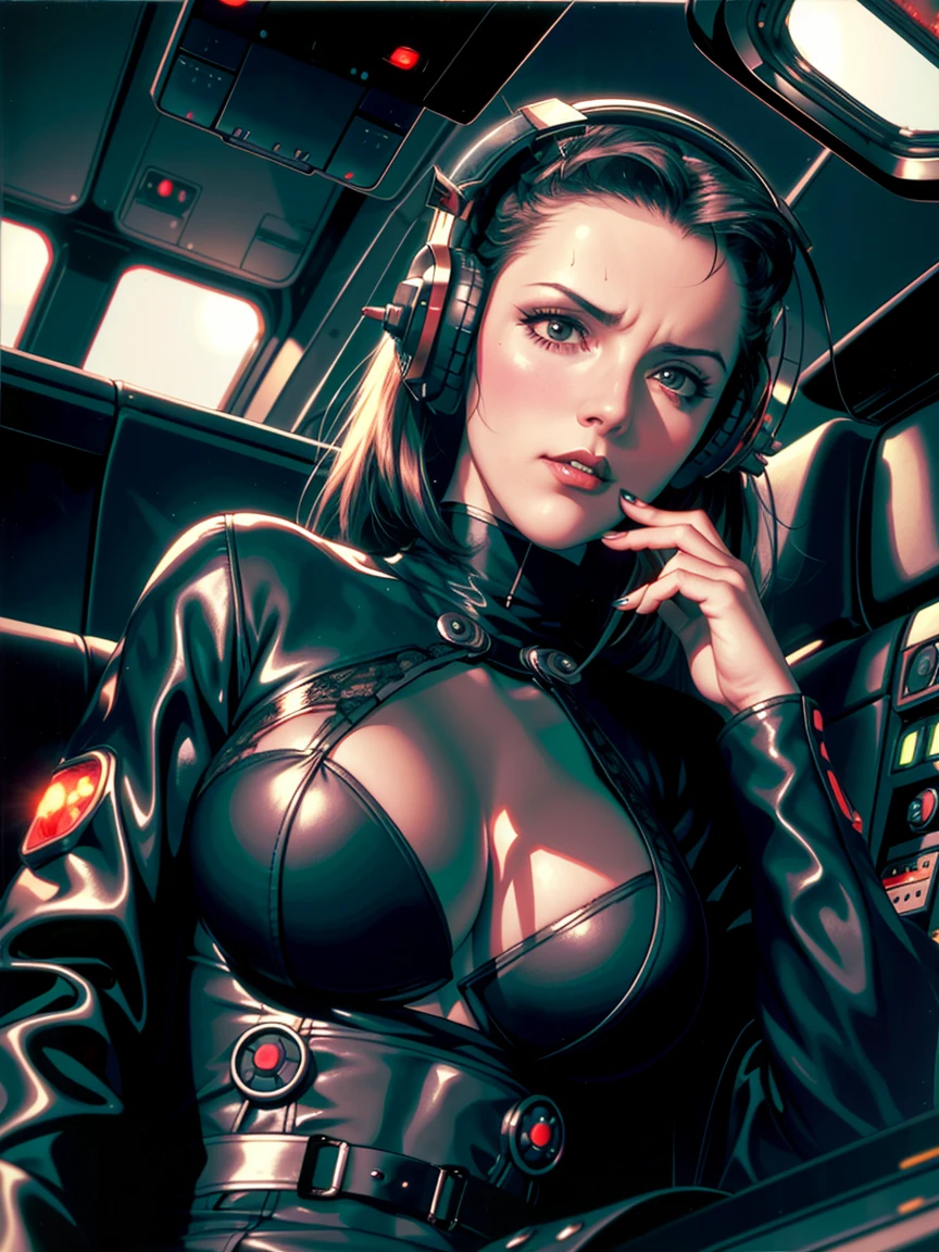 ((gothic vampire piloting in gothic spacecraft)), (((retro anime))), ((from below)), ((100 fov)), ((((gothic)) control panels)), (((mature))), (((gothic))), iridescent bodysuit, ((lace accessories)), ((pilot seat)), ((((lying back)) pose)), ((elegant)), (((serious tone))), ((cockpit top control panel)), intricate control panel details, (close-up), 1990s (style), masterpiece, ((claustrophobic)), best quality, screens, ((pilot helmet)), night, (colorful cockpit lights), sparkles, (serious face), [blushing], [sweat]