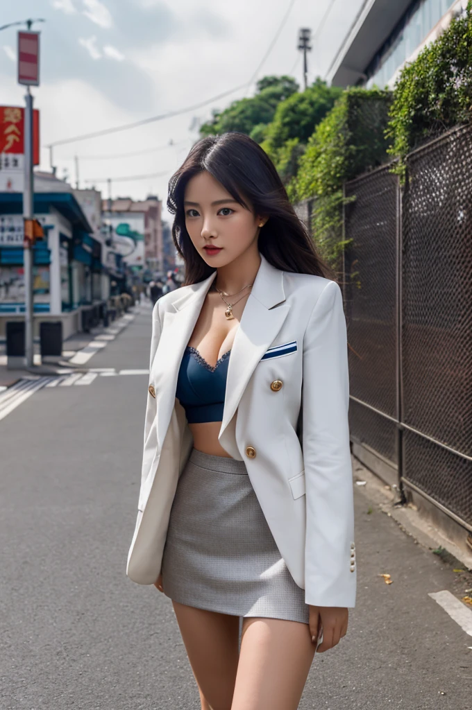 a 17 year old girl, she is the most beautiful actress in the world, the perfect body proportions of this girl, the blazer is appropriately buttoned up on the formal shirt, indirect bulge of her clothed large breasts, the panties between her bare legs are seen just 1cm below the short skirt, it's just the front of her body, it's just one description, it from right above her head to right below her shins are within the space, she is standing straight at the street, nsfw, best quality, highly detailed, masterpiece, ultra high res, photo realistic, 8k, RAW photo
