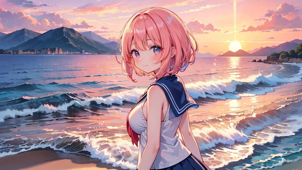 Highest quality、High resolution、Detailed Background、(Beautiful face in every detail:1.5)、Teenage Girl、(Huge breasts:1.2)、Light-colored hair、cute髪型、Bobcut、ponytail、well-groomed eyebrows、Perfect body line、cute仕草、Navy blue sailor suit、White sailor collar、Pleated mini skirt、cuteスクールカーディガン、White Stockings、A big smile、smile、
(A coastline dyed in the sunset and five girls looking back from the beach:1.5)、
Spend some time at the beach watching the sunset、Feel the end of summer as you feel the sea breeze and the sound of the waves.、Before the sun sets, the sky takes on a sunset-like appearance.、At first, bright orange and pink gradually painted the sky.々It will turn reddish.、As the sun sets, the colors become more vibrant and the surrounding scenery is beautifully colored.、
Place the main motif in the center、Leave space on both sides、Add color contrast、Bright center and soft sides、Pay attention to the movement of the lines、A deep composition、Leave some headroom、cute