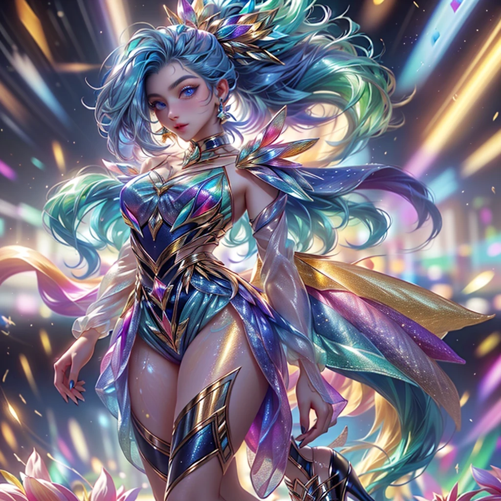 (Masterpiece), (best quality), (Very detailed),(messy hair),(illustration), (1 girl), (fashion clothes), stand, fashion model, look at viewer, (interview), (พื้นหลังที่smoothง่าย),Beautifully detailed eyes, delicate beautiful face, floating,(high saturation),(colorful splashes),colorful bubbles,(shine), Focus on the face, ponytail, light blue hair, smooth, hair ring, floating flowers, (shine), best light, best shadow,stand , Full Body ,high-heels