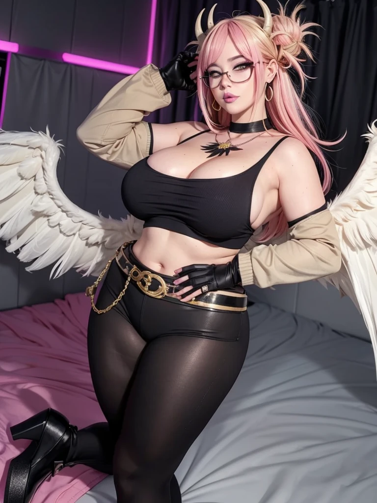 realisticlying,22yo girl,Blonde short、big body, y lingerie lace black ,perfect eyes, hair bunches、very very long hair, ultradetailed hair, body nylon sexBreastged、 big body, blonde, woman 1.90 CM,ponytail, ((hair over eyes)),perfect mouth, massive big bounce oppai, WET SKIN, (masterpiece, best quality:1.2), 1girl, solo, city background, haze \(fortnite\), Harpy Haze From fortnite, 1girl, earrings, glasses, hat, jewelry, lips, long hair, looking at viewer, makeup, nail polish, pink eyes, pink hair, pink nails, smile, sunglasses, tinted eyewear, belt, black pants, crop top, eyeshadow, midriff, navel, pants, choker, fingernails, round eyewear, sharp fingernails, standing, black feathers, black headwear, hoop earrings, horned headwear, horns, denim, winged arms, feather trim, star \(symbol\), elbow gloves, dark pink lips, feathers, heels, shoes, angel wings, bangle, black wings, crop top overhang, feathered wings, harpy, low wings, multicolored hair, multicolored wings, pink wings, wings, fingerless gloves, shirt, long fingernails, boater hat, bootcut pants, leather pants, sleeves, black sleeves,massive big bounce oppai,massive big bounce oppai,massive big bounce oppai,big bounce oppai,big bounce oppai,hat devil, Flexible body, curva sexy,Sexy womGodde