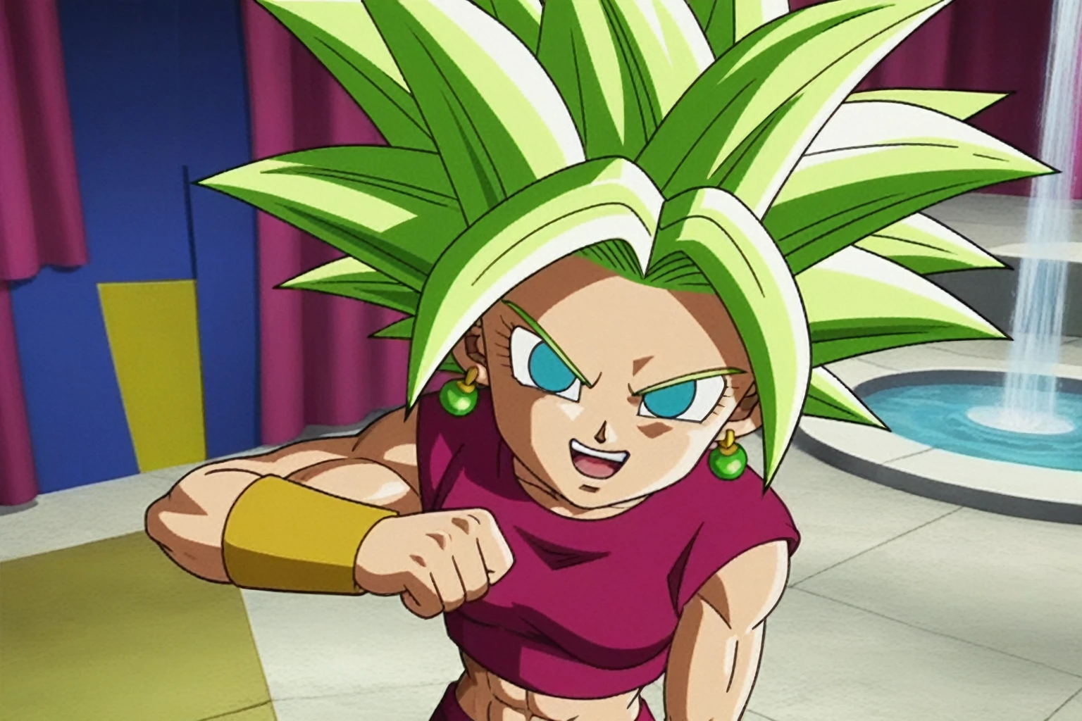 fountain_cheered up, score_9, score_8_above, score_7_above, cheered up screencap,
kefladb, 1 girl, Alone, looking at the viewer, SMILE, Open mouth, Blue eyes, belly button, potara earrings, green fur, diaphragm, muscular, ABS, spiky hair, aura, saboveer saiyan, blonde Eyebrows, clavicle, Eyebrows, eyelashes, cowboy shot, green sky, no paboveils, medium_old, shadow, standing, toned, v-shaped Eyebrows, yellow armor, red tight pants, whole body, naked, sexy butt, pechos mediums, trasero medium