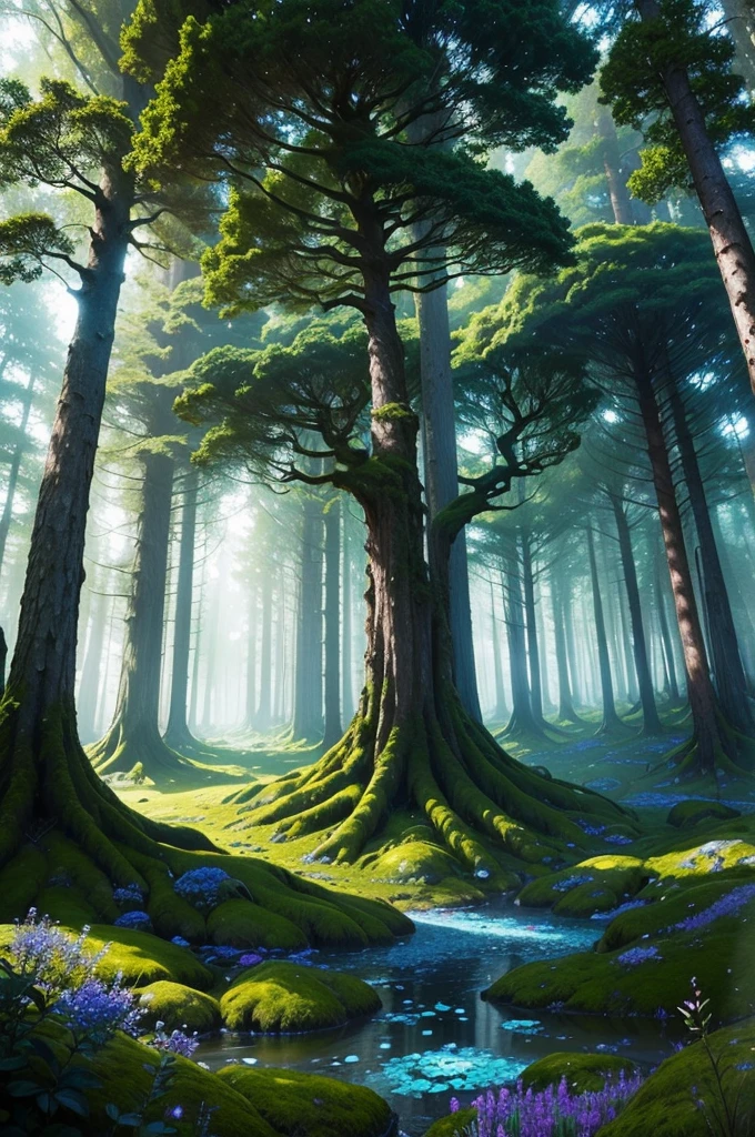 A magical forest, blue particles everywhere floating,, huge trees around, shunlight do sol, ambiente tenebrosa, magical world, fancy, ancient circle of stones, covered in moss and surrounded by wildflowers, at night, tenebrosa, shunlight. ((epic scene) ((magie))