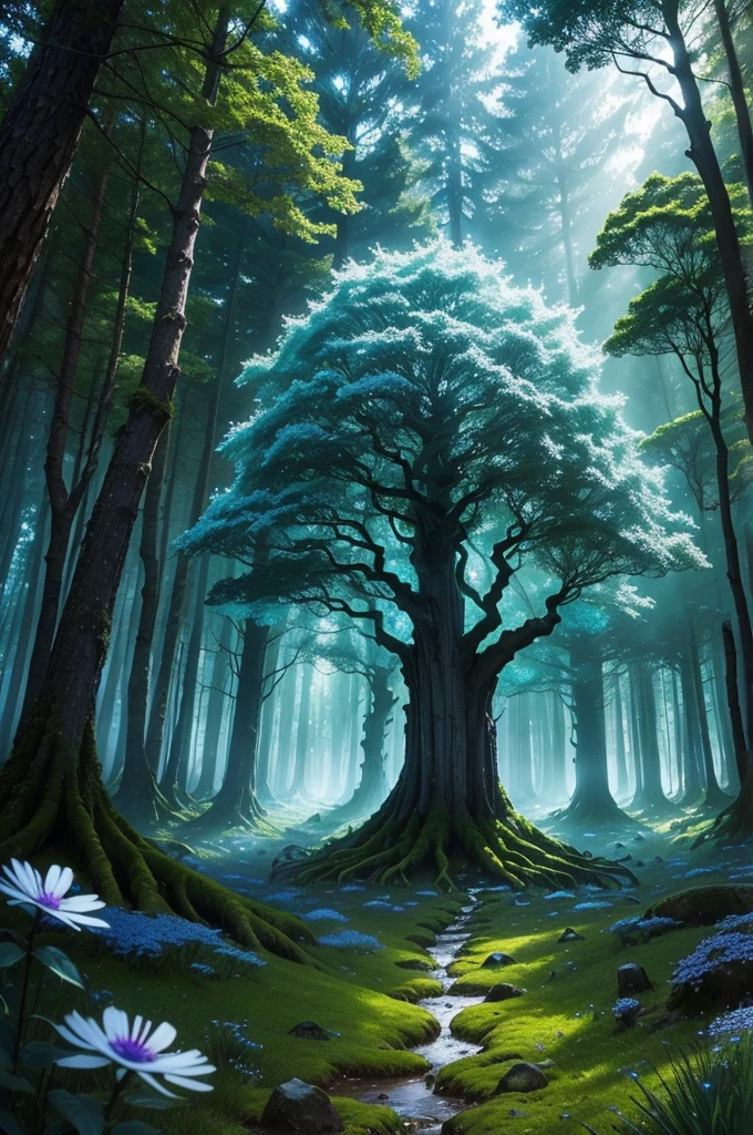 A magical forest, blue particles everywhere floating,, huge trees around, shunlight do sol, ambiente tenebrosa, magical world, fancy, ancient circle of stones, covered in moss and surrounded by wildflowers, at night, tenebrosa, shunlight. ((epic scene) ((magie))