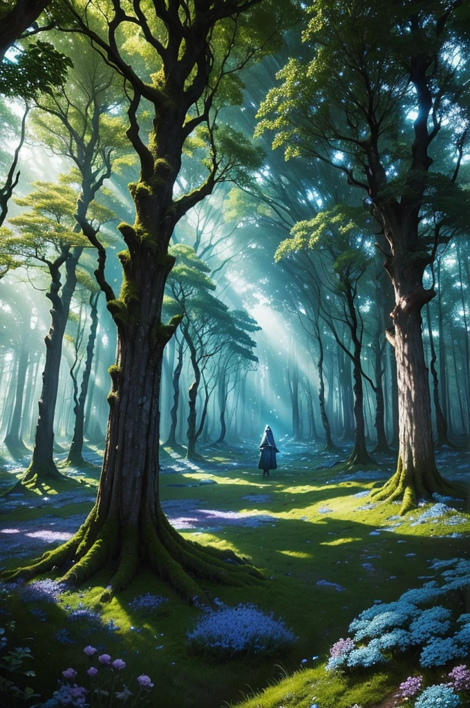 A magical forest, blue particles everywhere floating,, huge trees around, shunlight do sol, ambiente tenebrosa, magical world, fancy, ancient circle of stones, covered in moss and surrounded by wildflowers, at night, tenebrosa, shunlight. ((epic scene) ((magie))