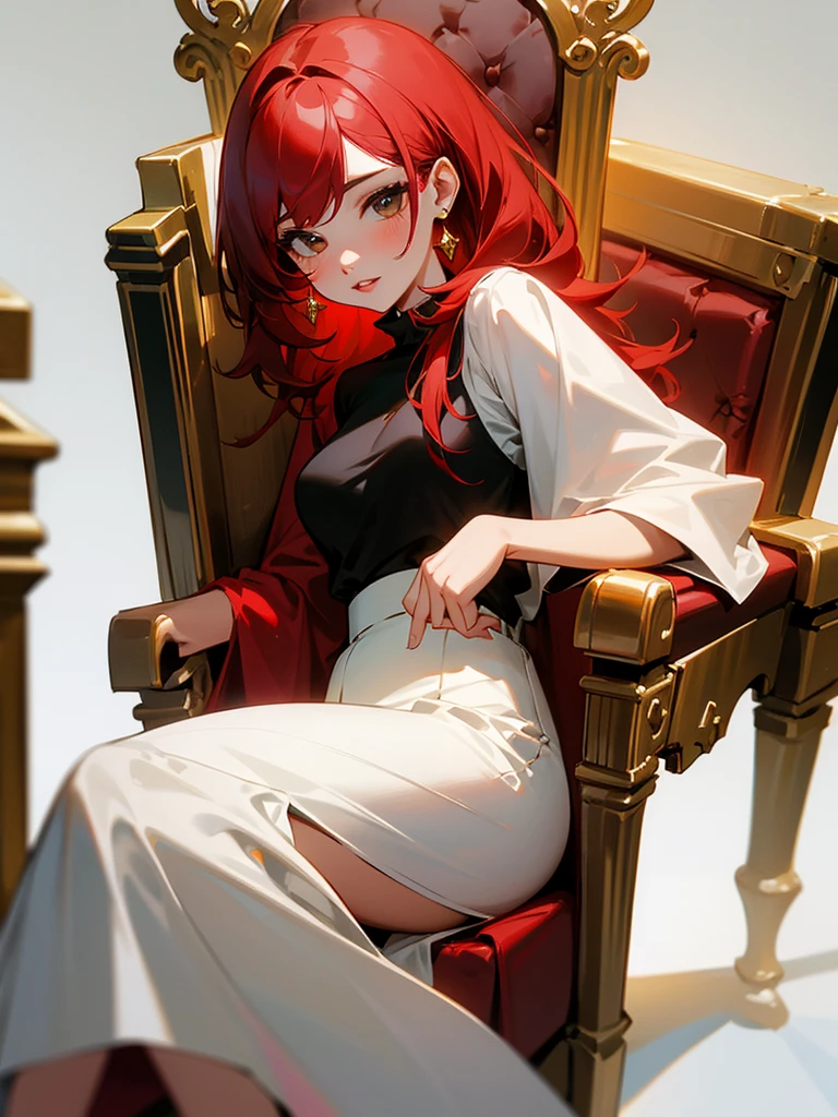 One , Red hair, rosy lips, in a white skirt and black top, sitting on a golden throne.