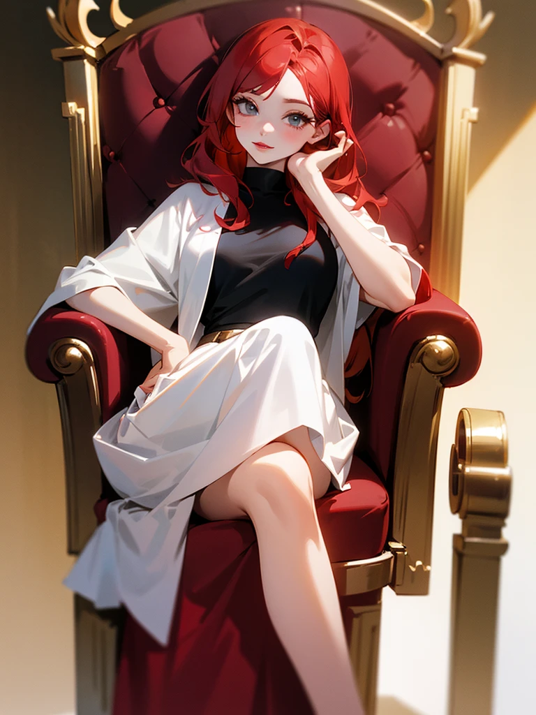 One , Red hair, rosy lips, in a white skirt and black top, sitting on a golden throne.