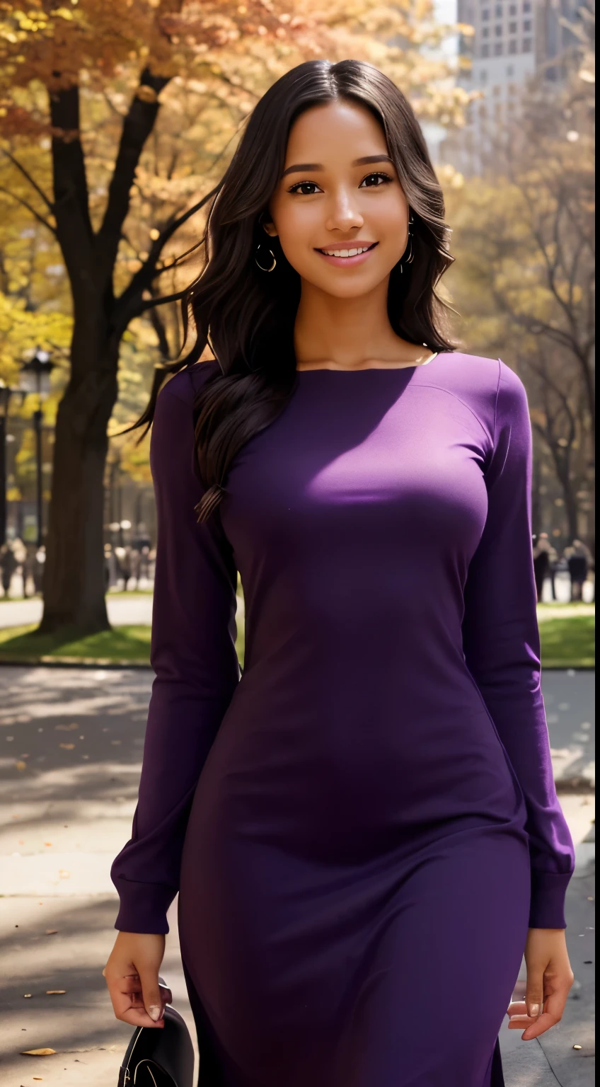 Foto hiperrealista en primer plano de Kelsey Asbille (native American ((light dark skin))), masterpiece, best quality, (photorealistic:1.4), full body, (purple midi midi dress with long sleeves and round neck:1.2), heels, in the New York Central Park, sunny day, cinematic light, beautiful woman, skinny, large big breasts, black long wavy wavy wavy hair, detailed face, smile, facing the camera, photo taken from a distance, age of 25 years old
