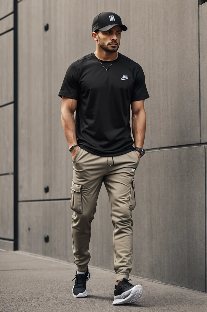 Imagine Nike's white sleeveless t-shirt. It is a simple and basic t-shirt, perfect for summer.
Add beige cargo joggers to the t-shirt. These pants are comfortable and loose, ideal for a casual look.
Complete the look with Adidas Ultraboost Triple Black sneakers. These sneakers are stylish and comfortable., Perfect for any occasion.
Don't forget the Omega x Swatch all black watch. This watch adds a touch of sophistication to the look.
Finish the outfit with a black trucker cap from Gallery Dpto
