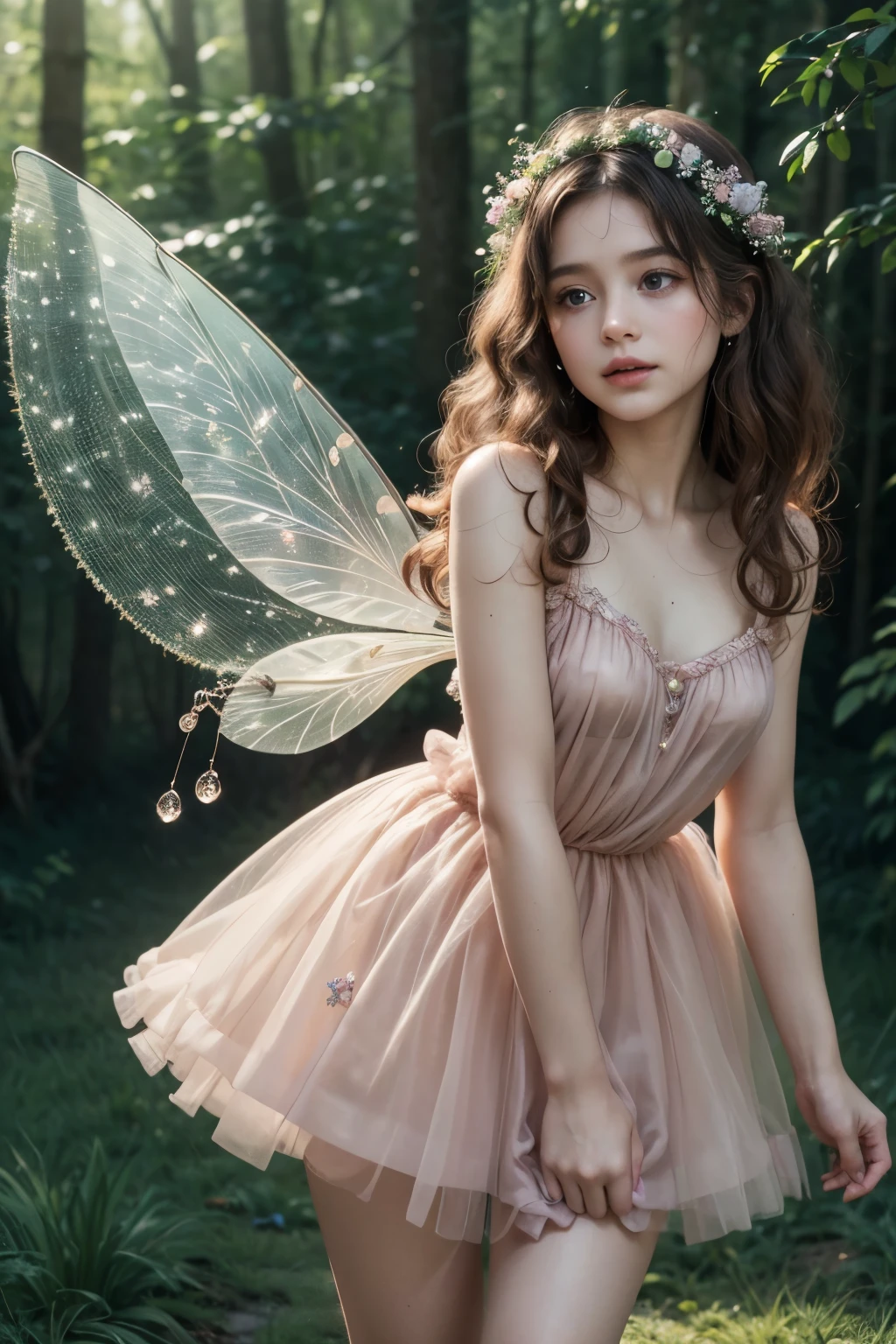 (best quality, 4k, 8k, high resolution, masterpiece: 1.2), ultra-detailed, realistic, little baby fairy standing in the forest, the fairy has fair skin, brown eyes and curly dark brown hair with well-defined curls, delicate fairy wings, wears a pink tulle dress decorated with translucent blue and pink flowers, bright fairy dust, soft and ethereal, intense sunlight, enchanted garden, resplendent dew drops, extravagant expression, fairy magic wand, small floral garland, vibrant green grass, majestic tall trees, gentle breeze, subtle warm tones, sublime lighting