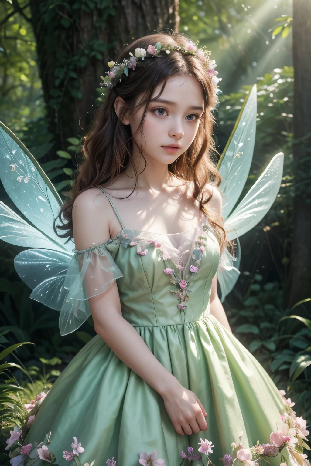 (best quality, 4k, 8k, high resolution, masterpiece: 1.2), ultra-detailed, realistic, little baby fairy standing in the forest, the fairy has fair skin, brown eyes and curly dark brown hair with well-defined curls, delicate fairy wings, wears a pink tulle dress decorated with translucent blue and pink flowers, bright fairy dust, soft and ethereal, intense sunlight, enchanted garden, resplendent dew drops, extravagant expression, fairy magic wand, small floral garland, vibrant green grass, majestic tall trees, gentle breeze, subtle warm tones, sublime lighting